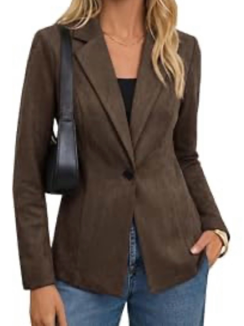 Women's Chocolate Brown Faux Suede Single-Button Blazer